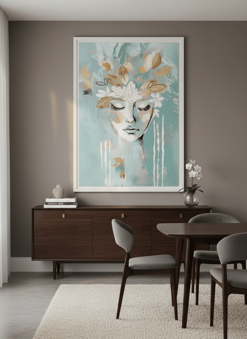 Monumental artwork centred on a feature wall in a luxe interior