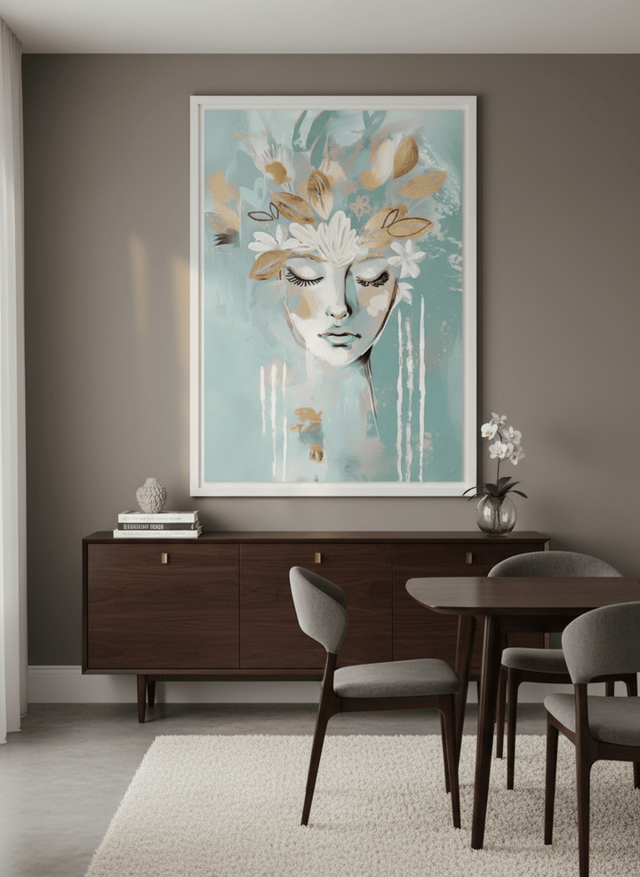 Monumental artwork centred on a feature wall in a luxe interior