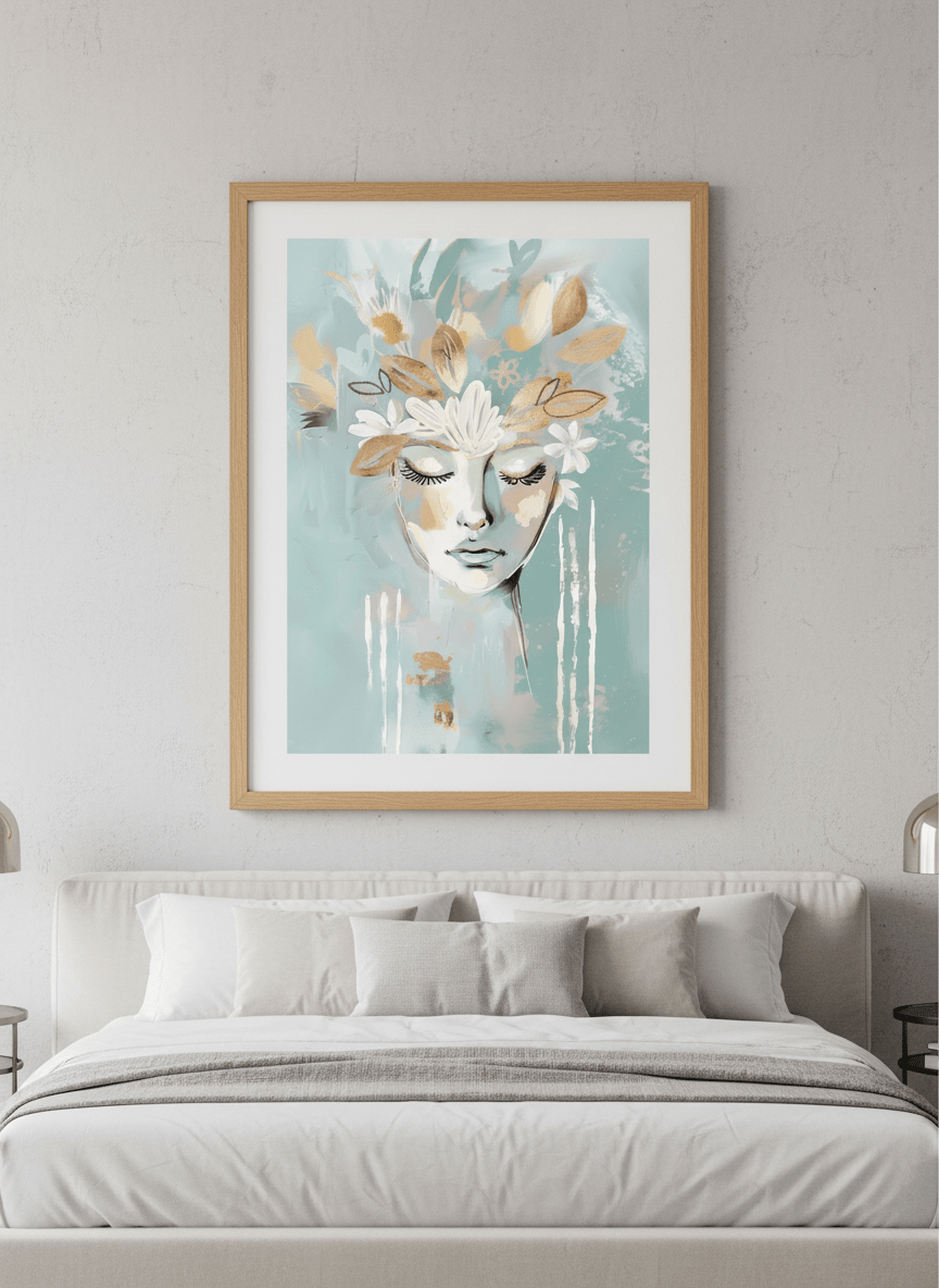 Minimalist artwork displayed in a calm, light-filled bedroom interior