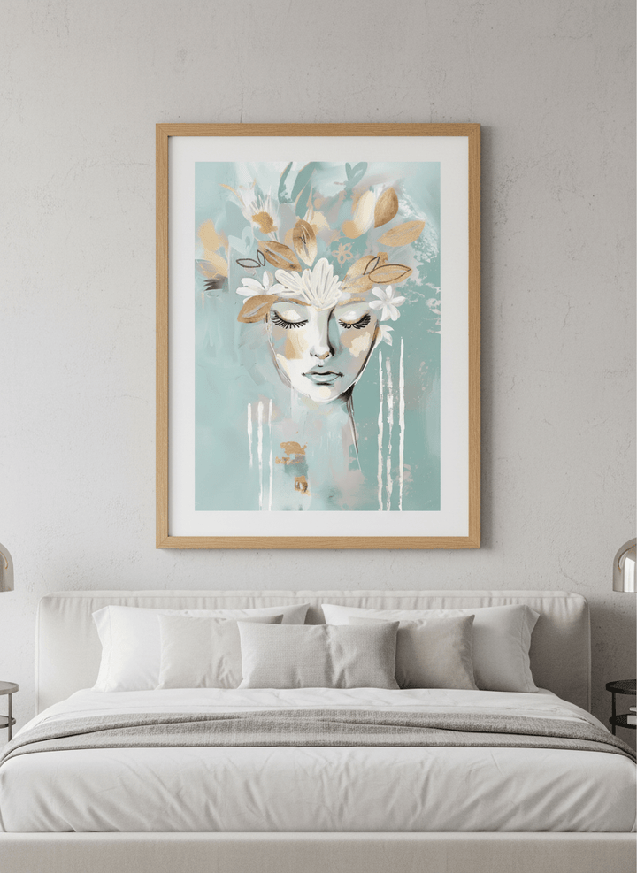 Minimalist artwork displayed in a calm, light-filled bedroom interior