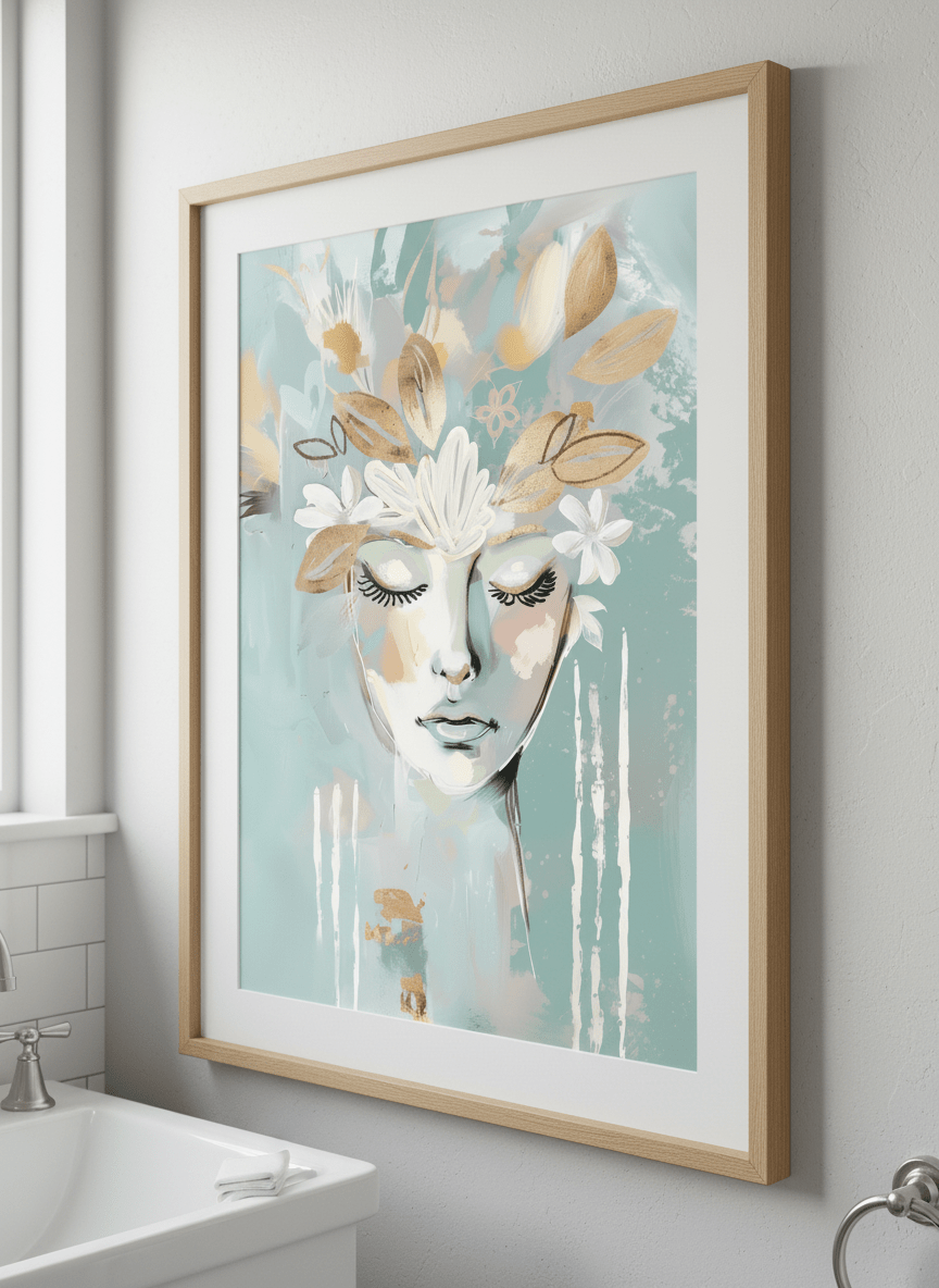 Modern print displayed in a clean minimalist bathroom setting