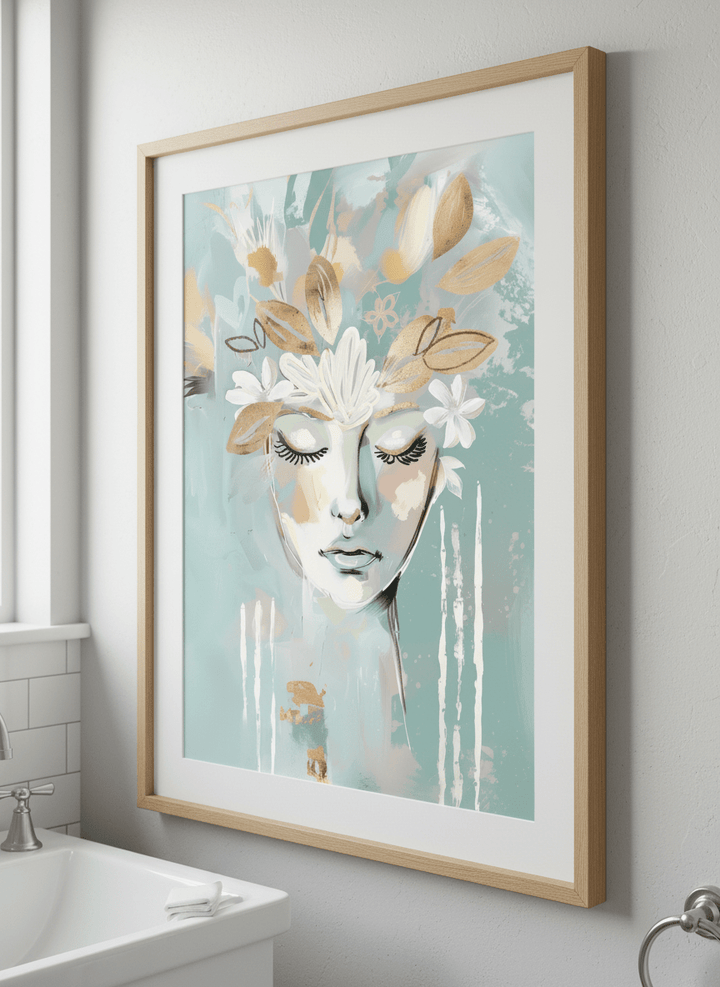 Modern print displayed in a clean minimalist bathroom setting