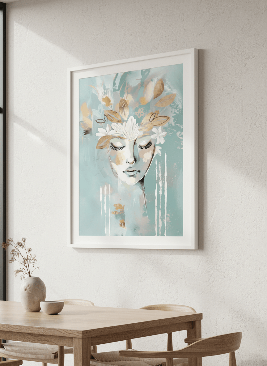 Wall art styled above a dining table in a contemporary home