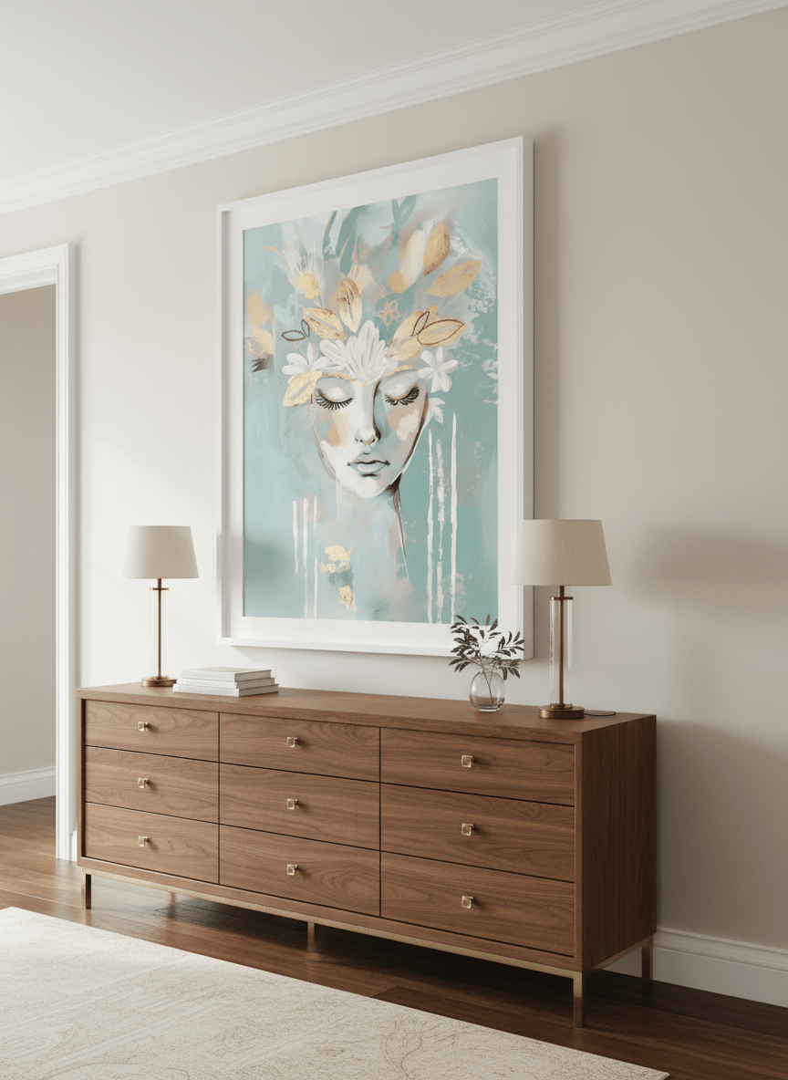 Monumental artwork centred on a feature wall in a luxe interior