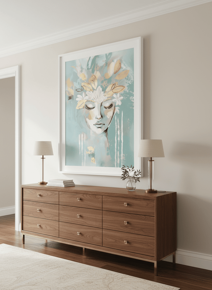 Monumental artwork centred on a feature wall in a luxe interior