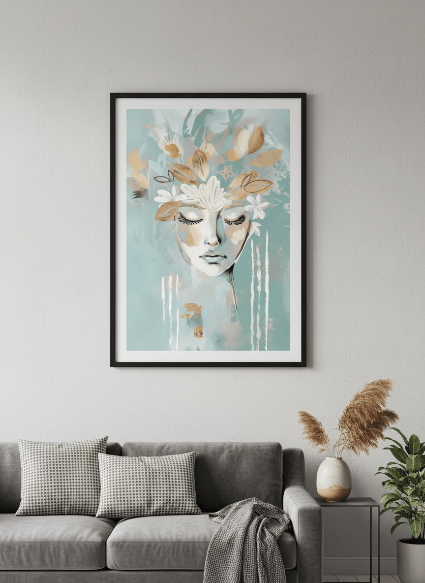 Modern wall art styled above a sofa in a neutral living room