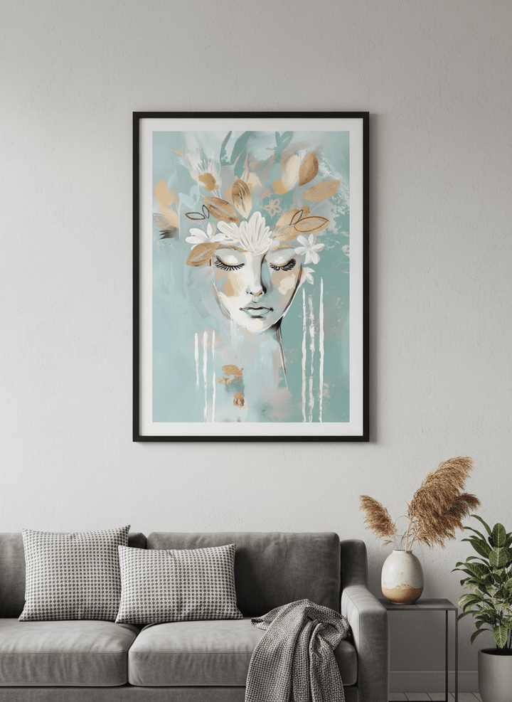 Modern wall art styled above a sofa in a neutral living room