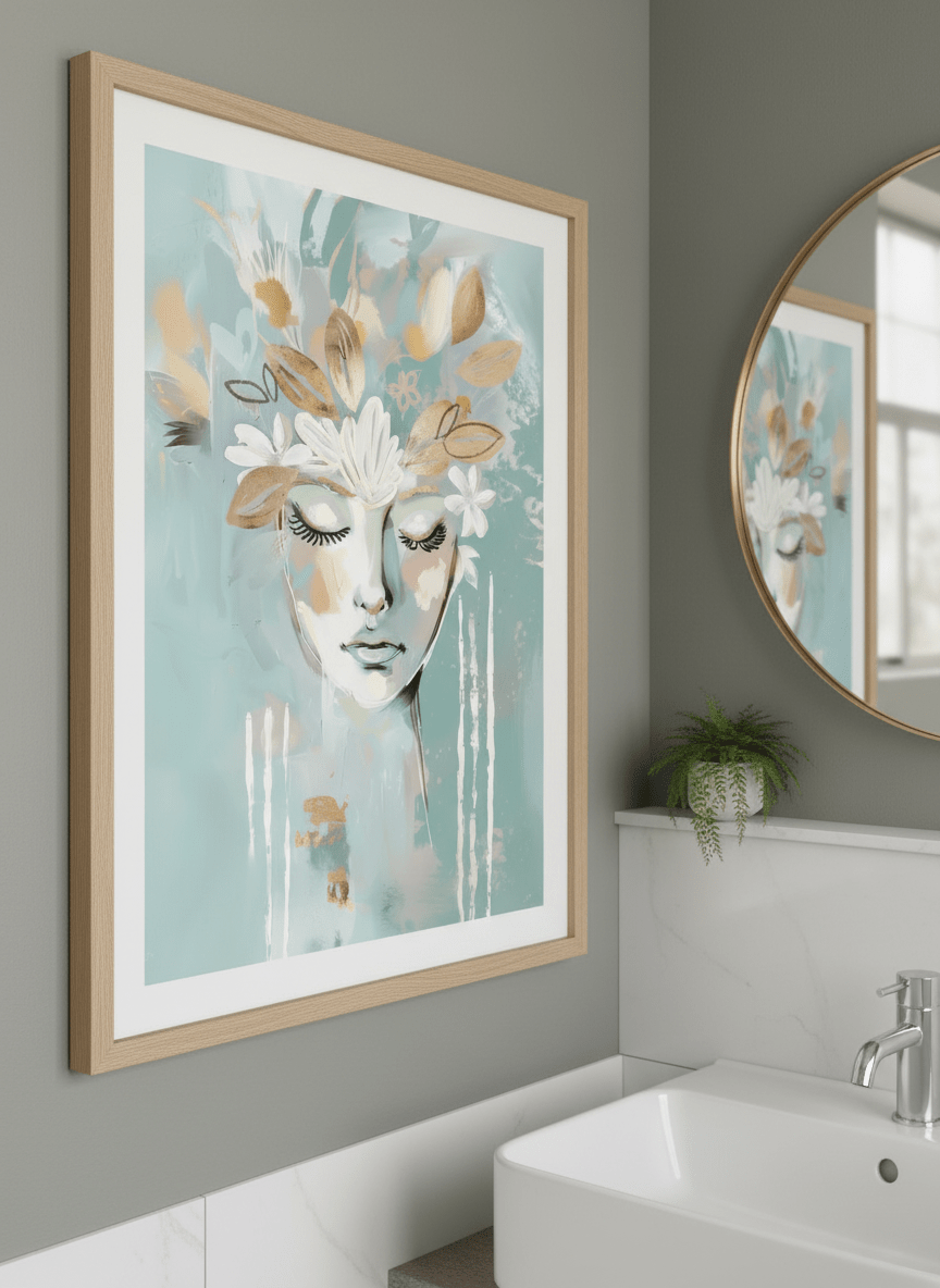 Modern print displayed in a clean minimalist bathroom setting