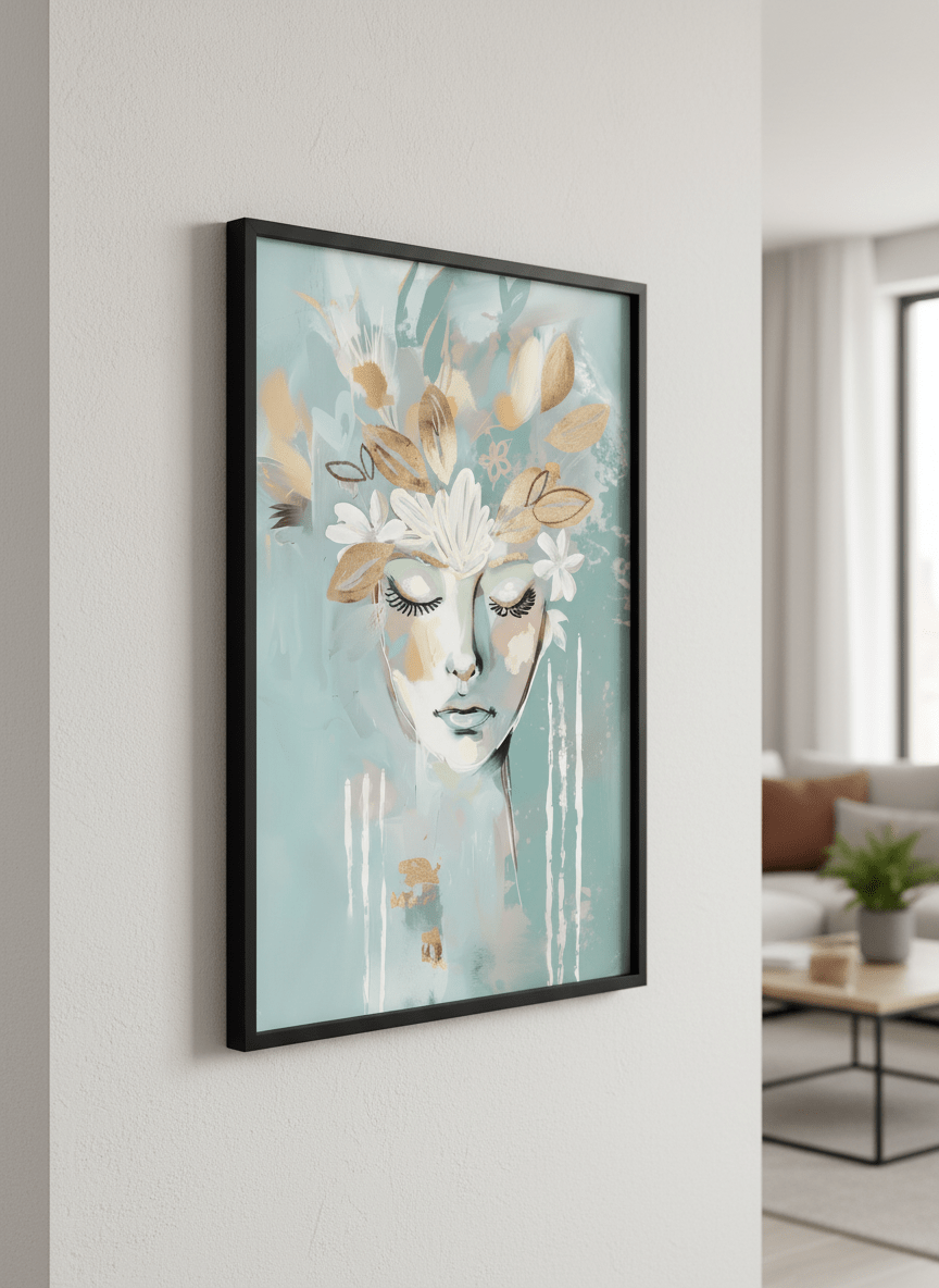 Modern wall art styled above a sofa in a neutral living room