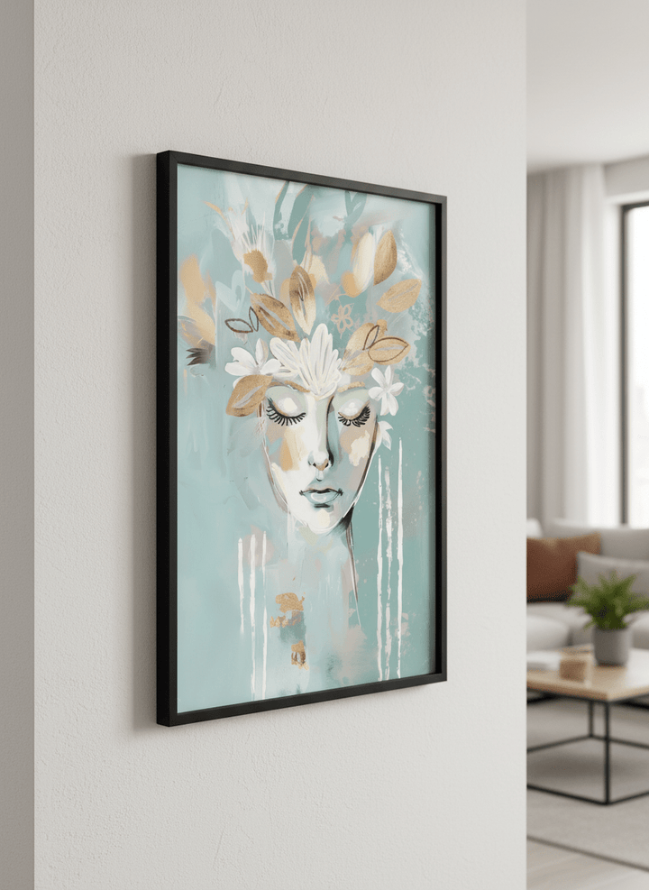 Modern wall art styled above a sofa in a neutral living room