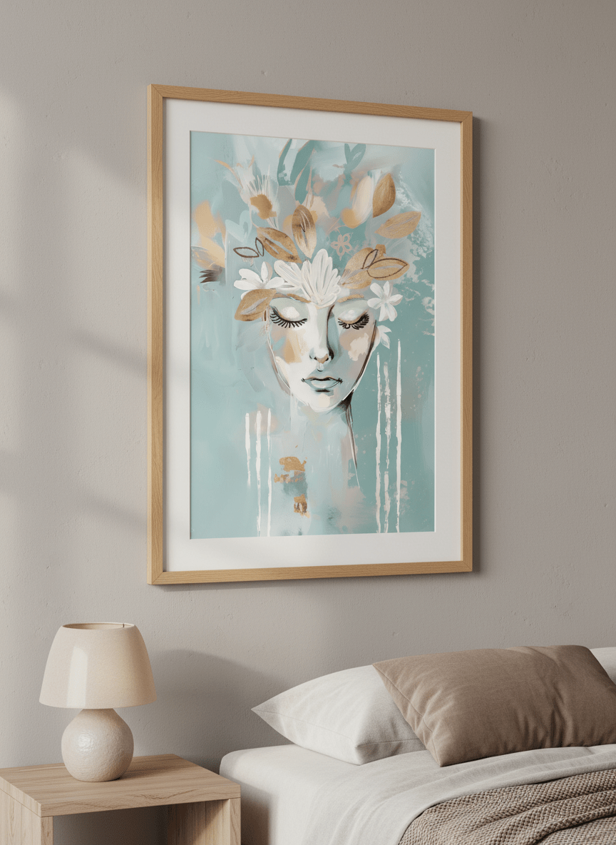 Minimalist artwork displayed in a calm, light-filled bedroom interior