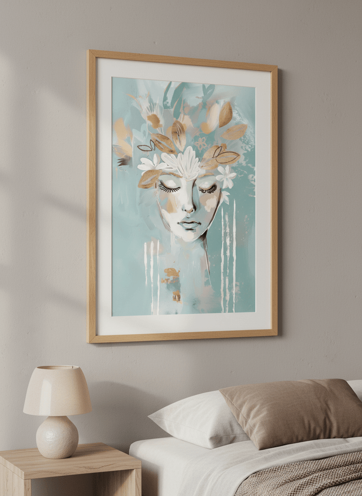 Minimalist artwork displayed in a calm, light-filled bedroom interior
