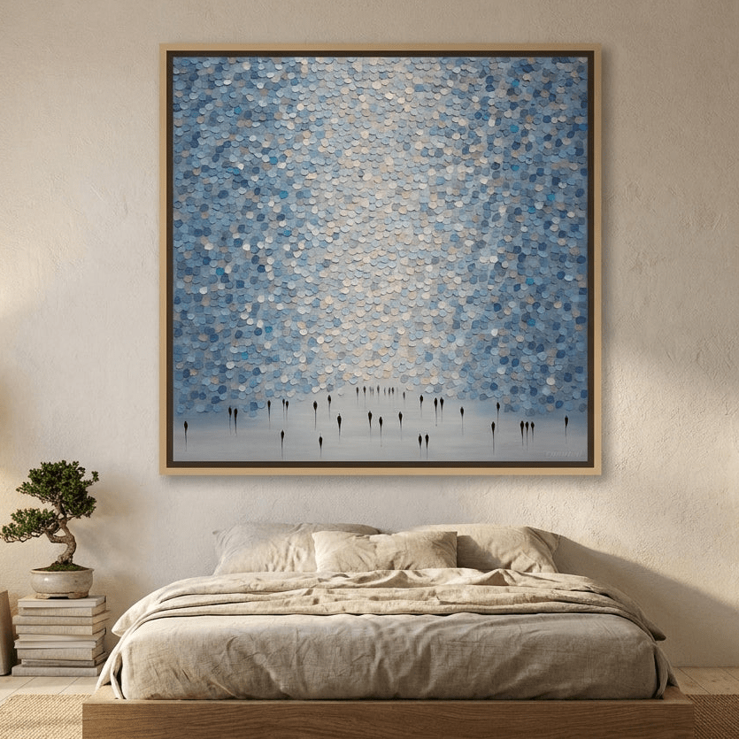 Canvas wall art with a natural timber surround styled on the wall in a warm Japandi bedroom