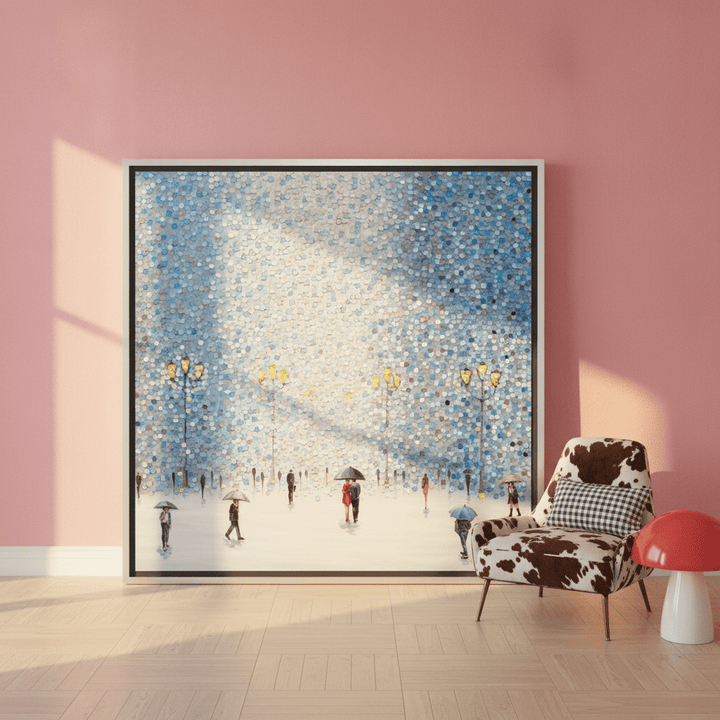 Oversized statement canvas wall art with a silver leaf surround leaning against the wall in a colourful eclectic living room