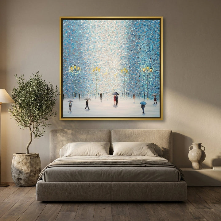 Canvas wall art with a gold leaf surround styled on the wall in a luxe bedroom