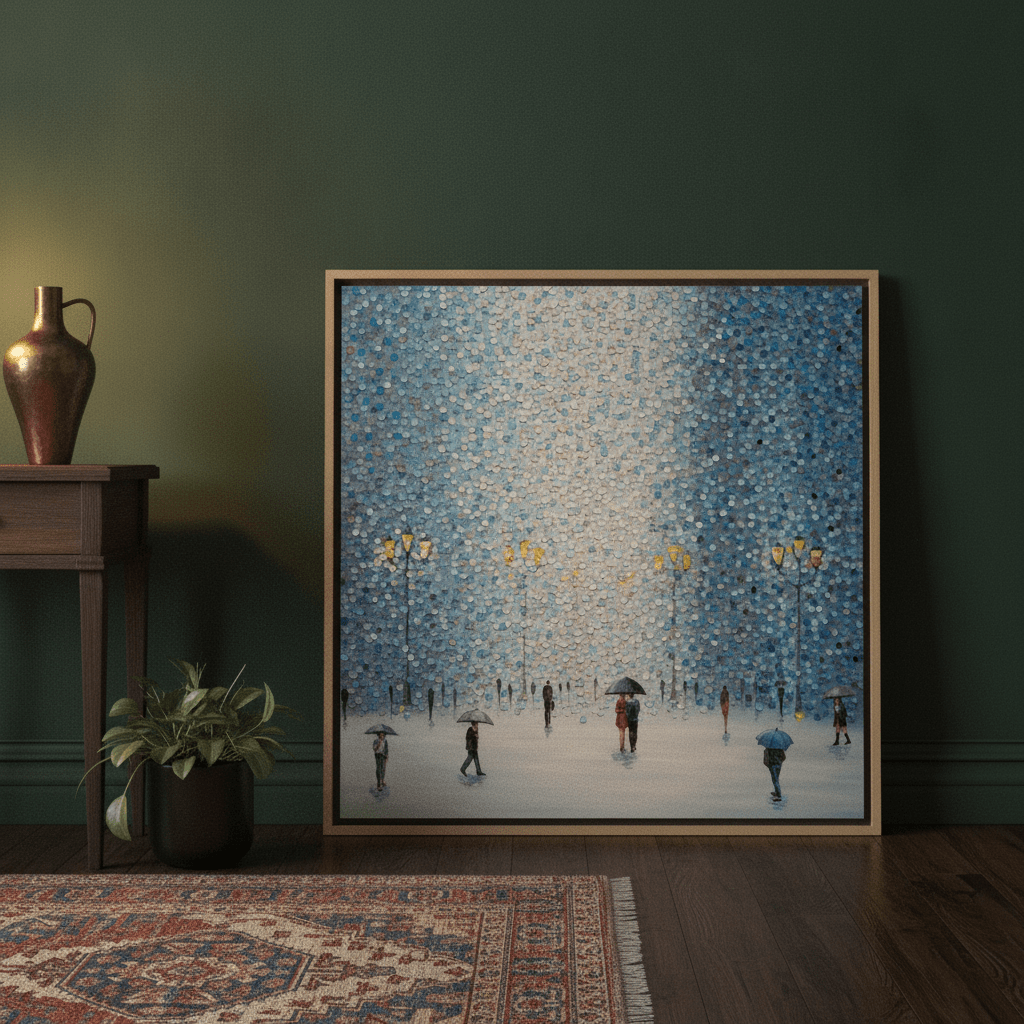 Canvas wall art with a natural timber surround leaning against the wall in a moody bedroom