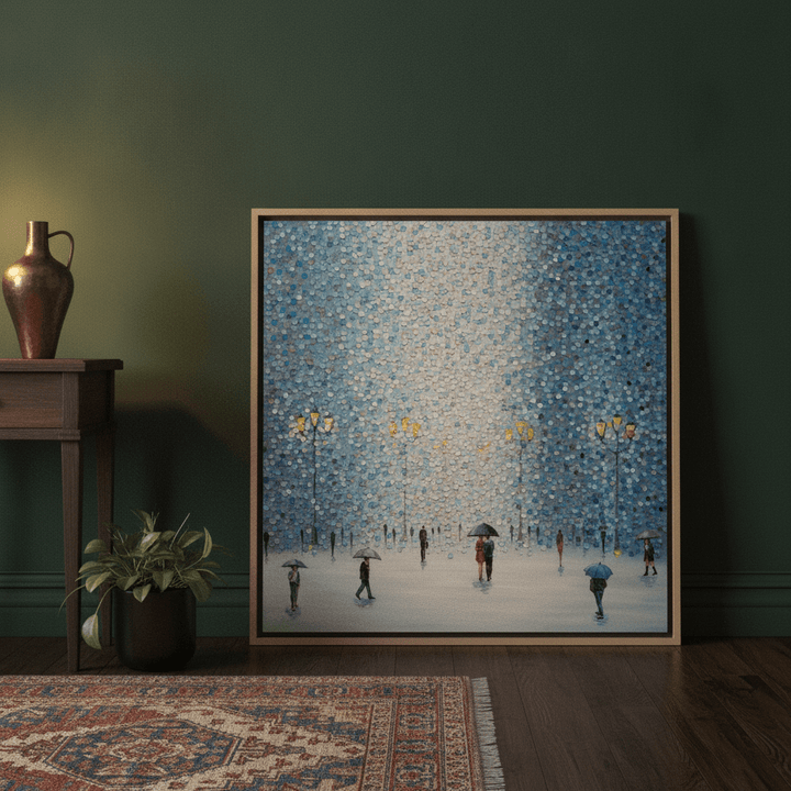 Canvas wall art with a natural timber surround leaning against the wall in a moody bedroom