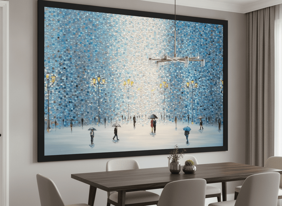 Wall art styled above a dining table in a contemporary home