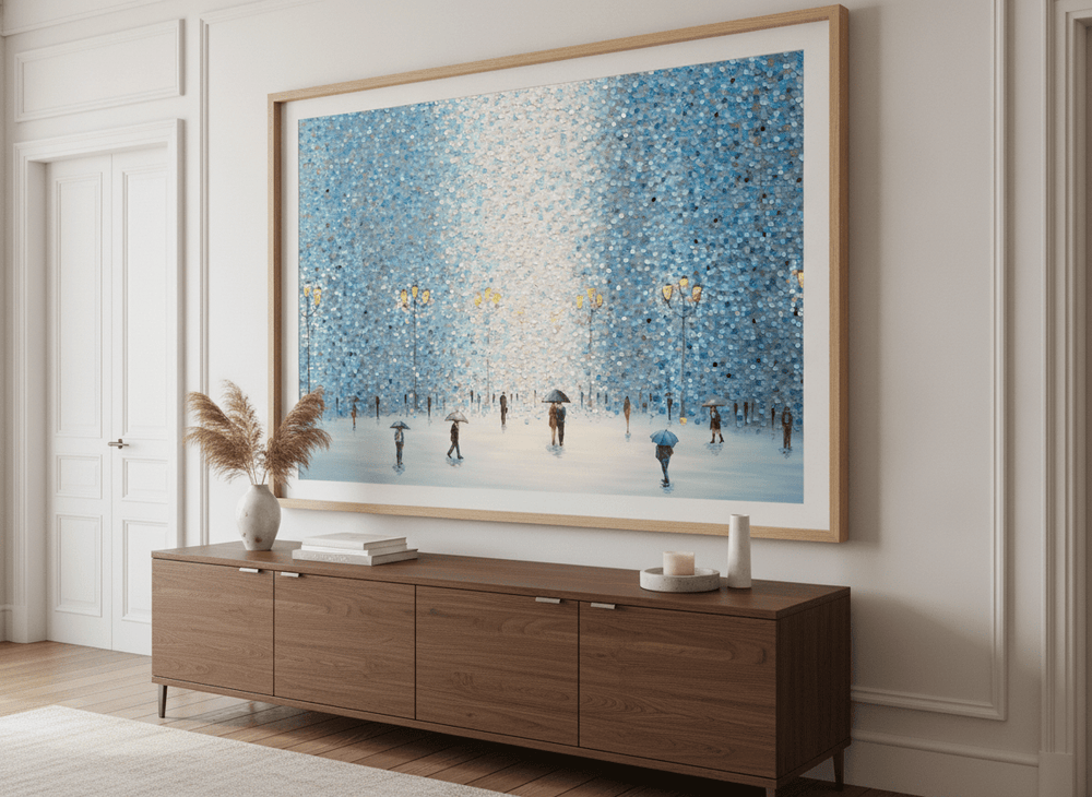 Monumental artwork centred on a feature wall in a luxe interior