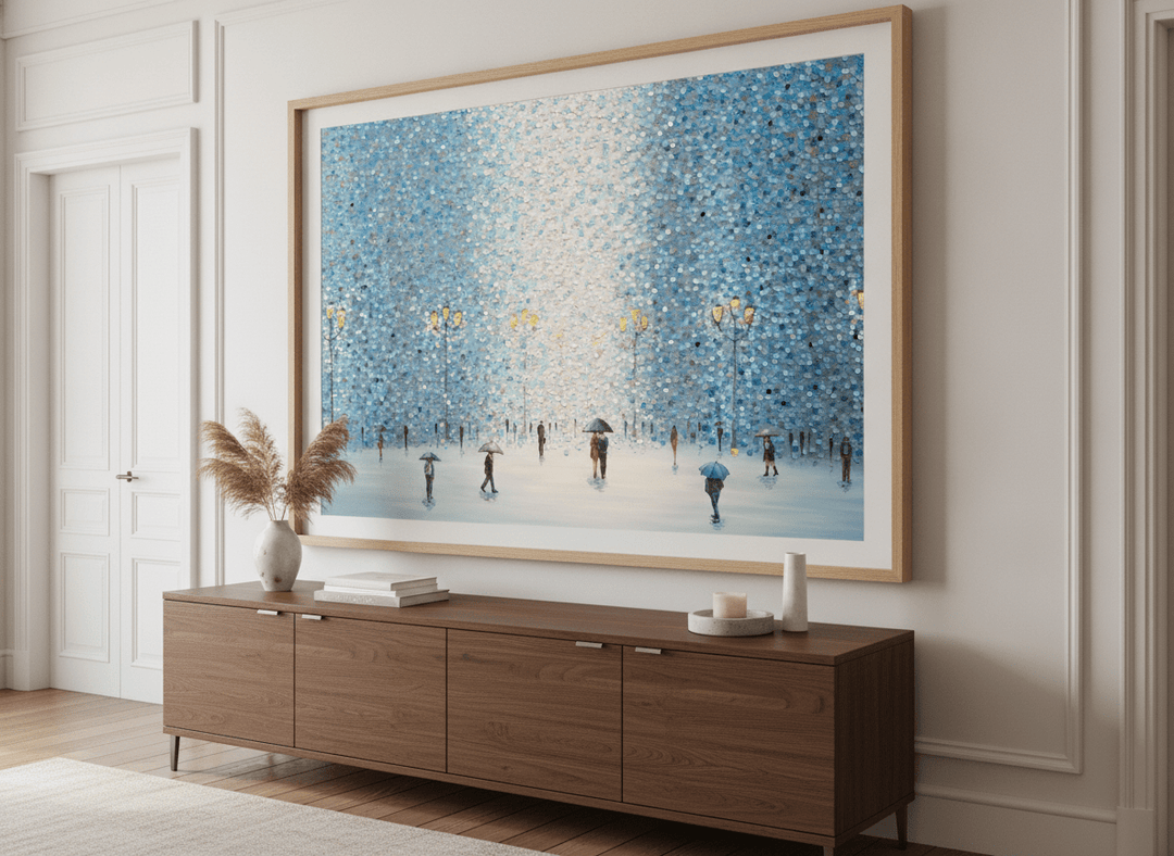 Monumental artwork centred on a feature wall in a luxe interior