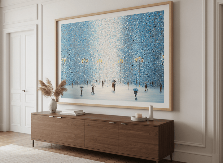 Monumental artwork centred on a feature wall in a luxe interior