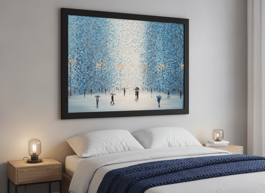 Minimalist artwork displayed in a calm, light-filled bedroom interior
