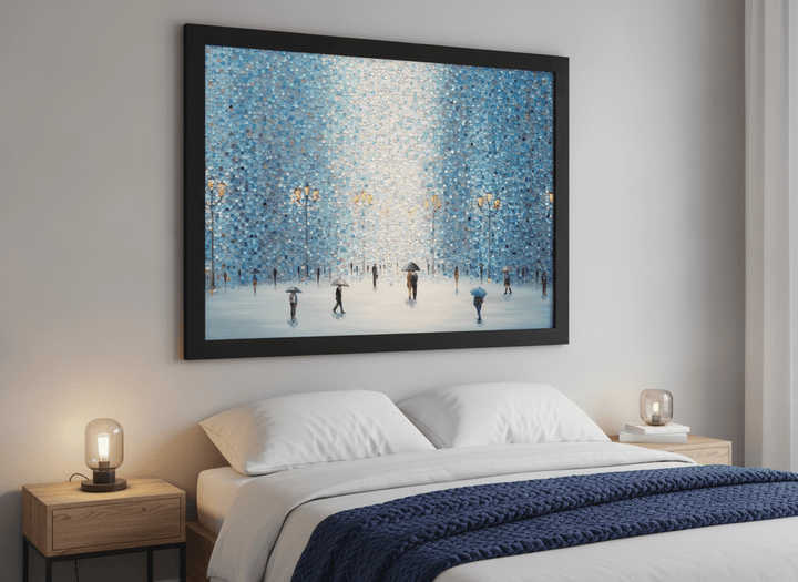 Minimalist artwork displayed in a calm, light-filled bedroom interior