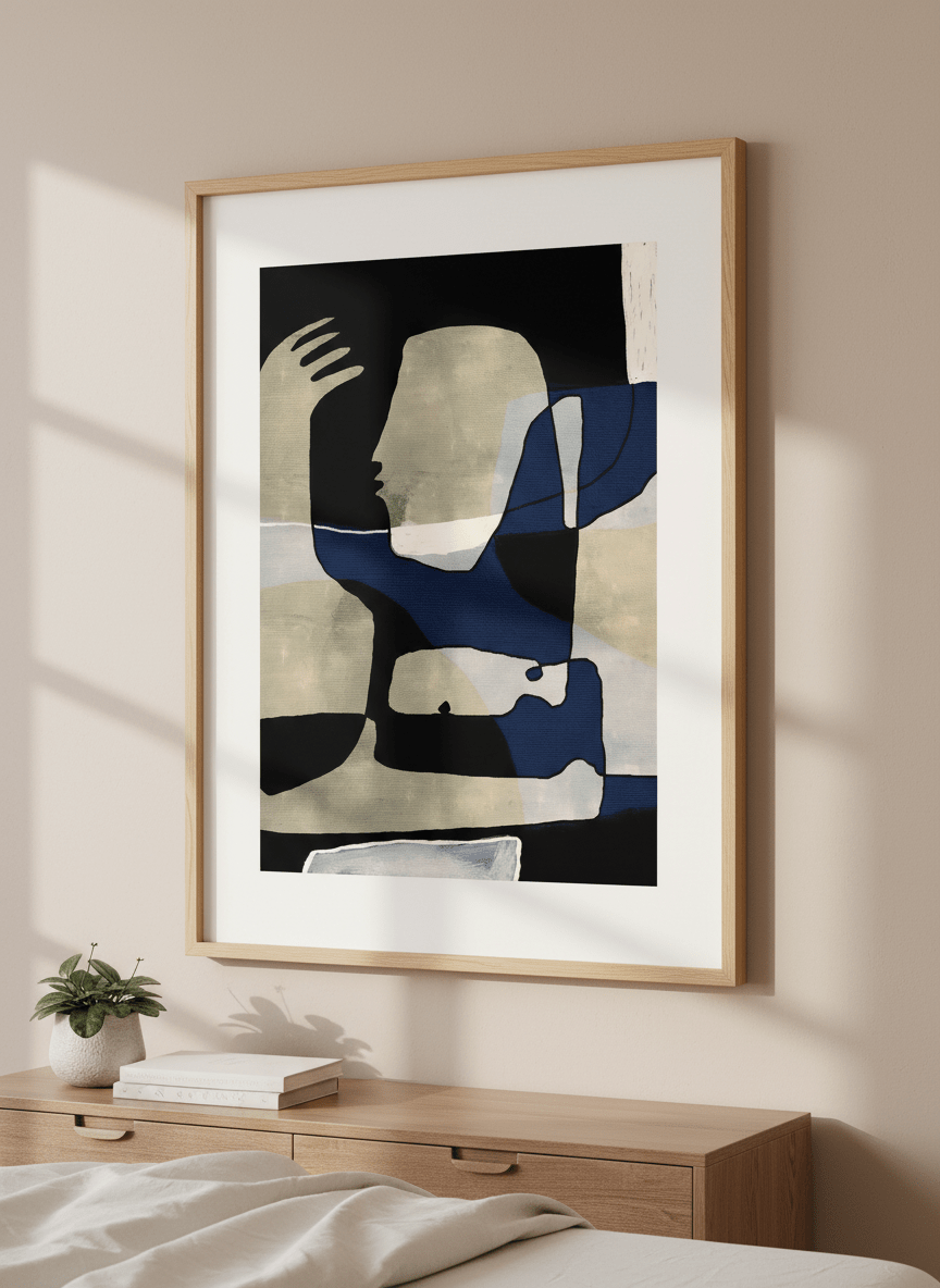 Minimalist artwork displayed in a calm, light-filled bedroom interior