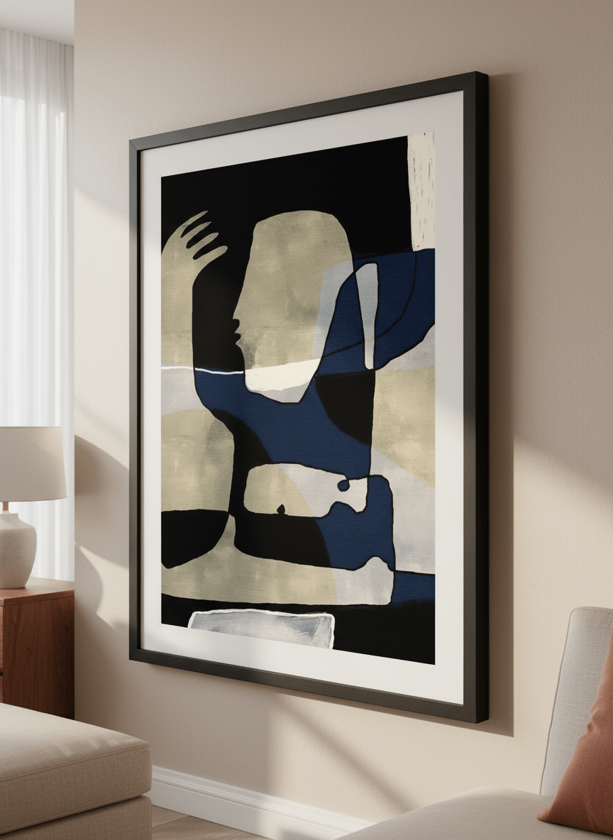 Modern wall art styled above a sofa in a neutral living room