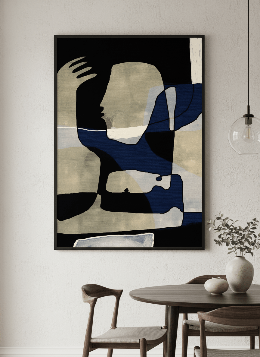 Wall art styled above a dining table in a contemporary home