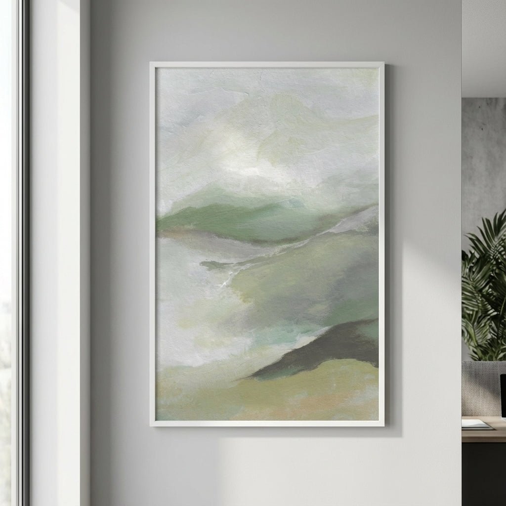 Abstract artwork with green and beige tones on a gray wall.