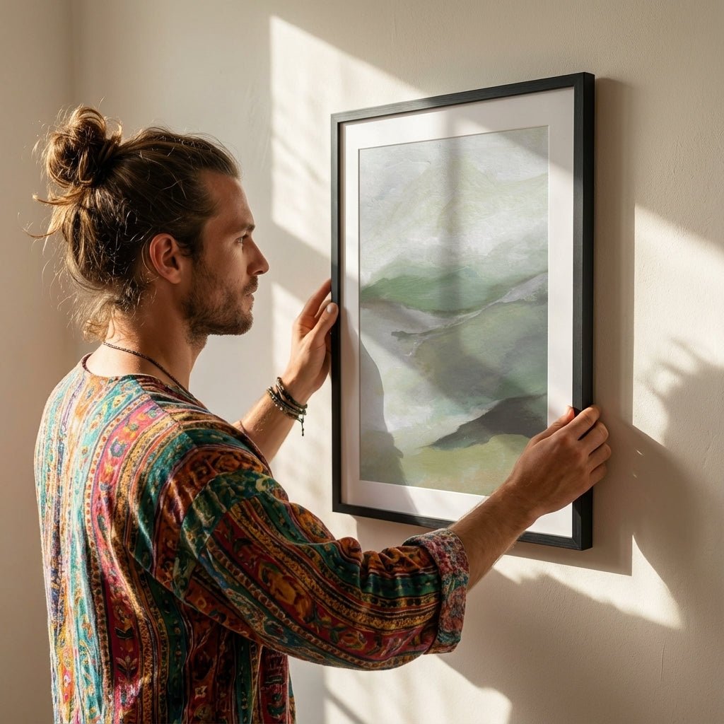 Man adjusting artwork on a wall