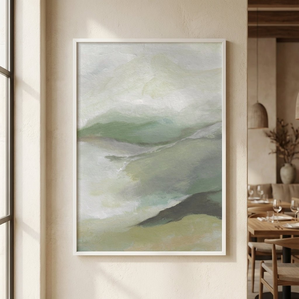 Abstract painting in a room with a dining table and chairs.