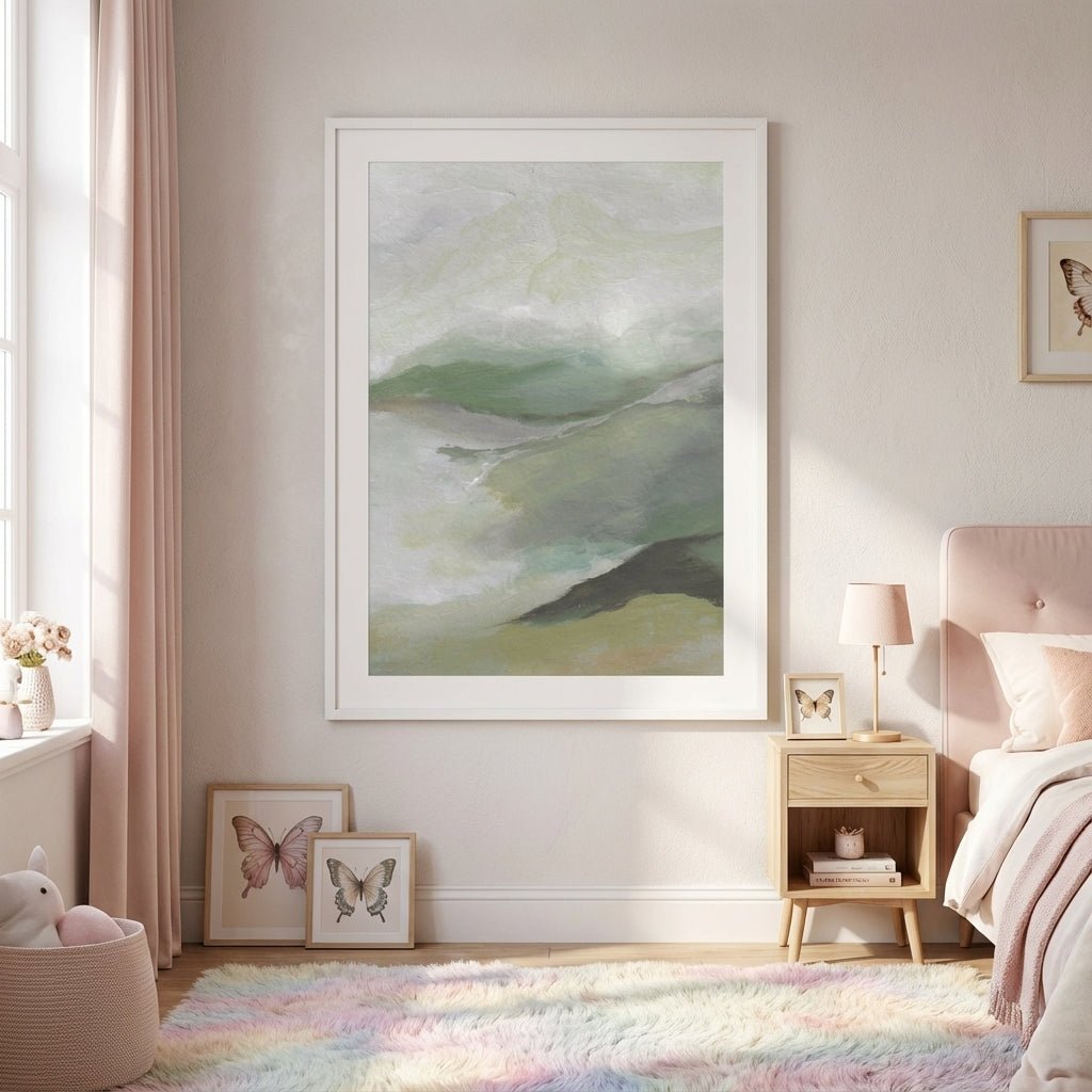 Decorative abstract painting in a bedroom setting with a bed and side table.