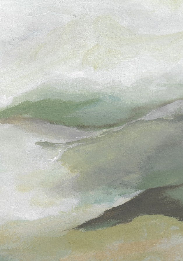 Abstract watercolor painting in green and gray tones framed