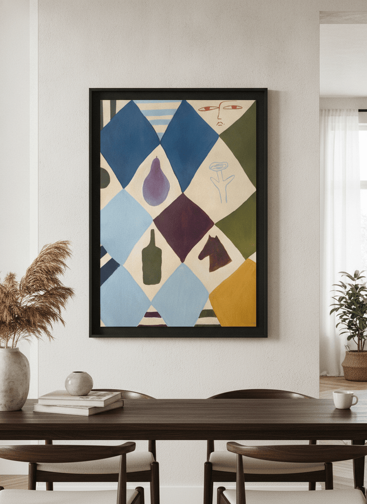 Wall art styled above a dining table in a contemporary home