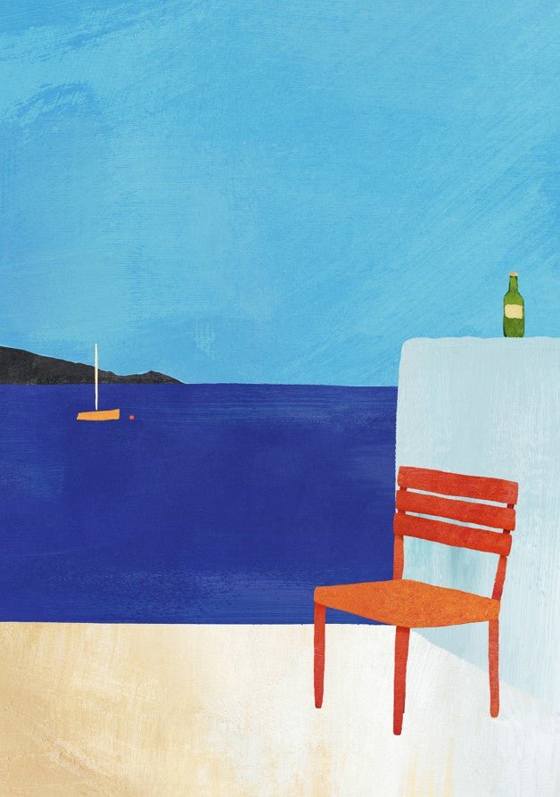 Surreal artwork with a red chair, blue sea, and green bottle on a white platform. framed