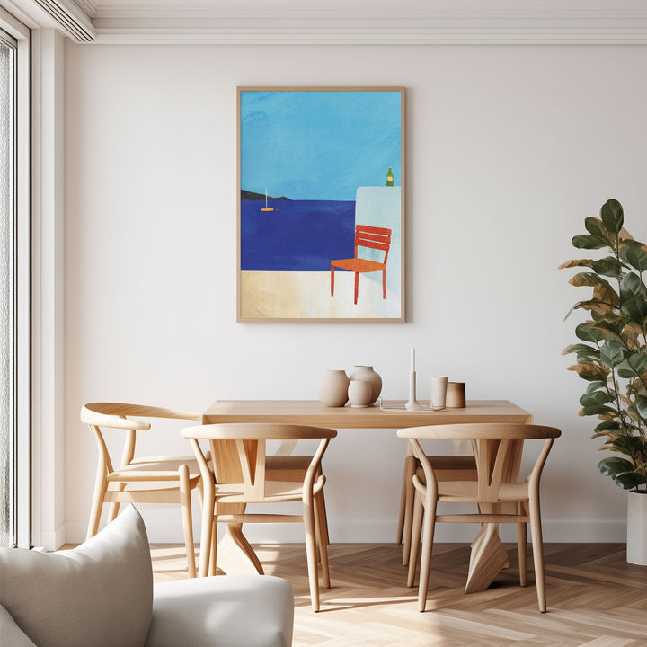 Dining room with wooden table and chairs, abstract painting on the wall, and a plant.