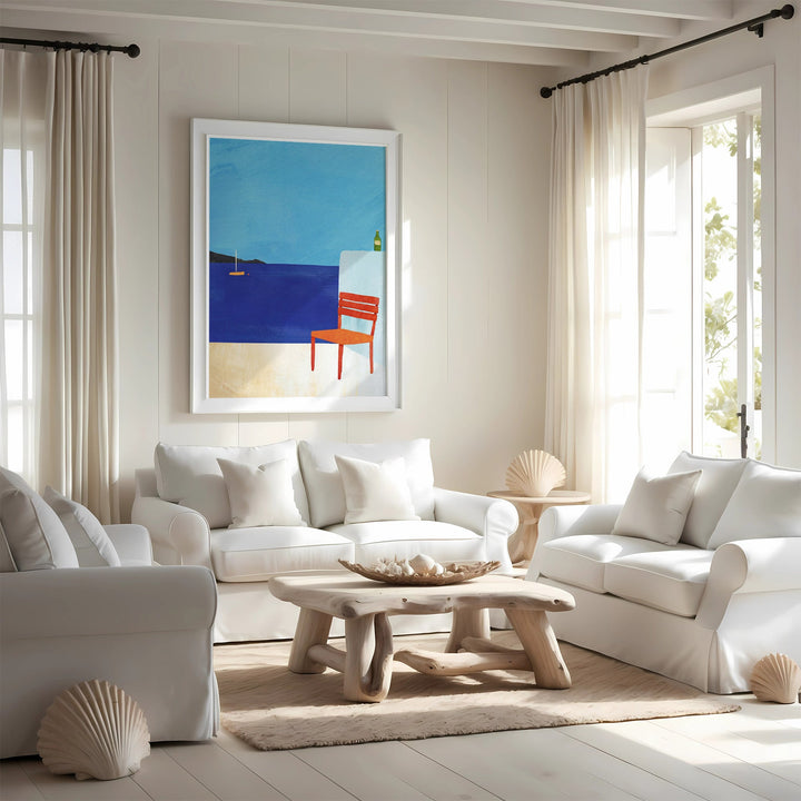 Modern living room with white furniture, a wooden coffee table, and a colorful abstract painting on the wall.