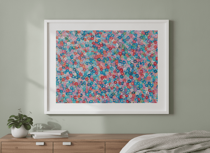Minimalist artwork displayed in a calm, light-filled bedroom interior