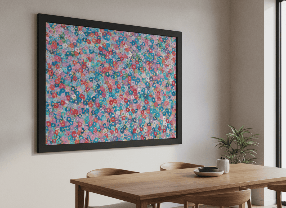 Wall art styled above a dining table in a contemporary home