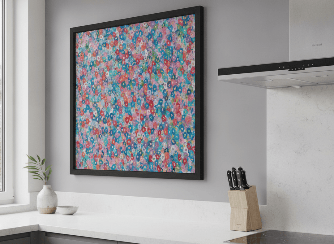 Artwork styled on the wall of a bright modern kitchen