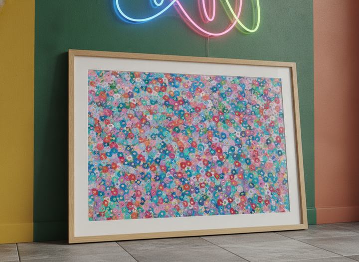 Bold wall art styled in a colourful, eclectic modern home