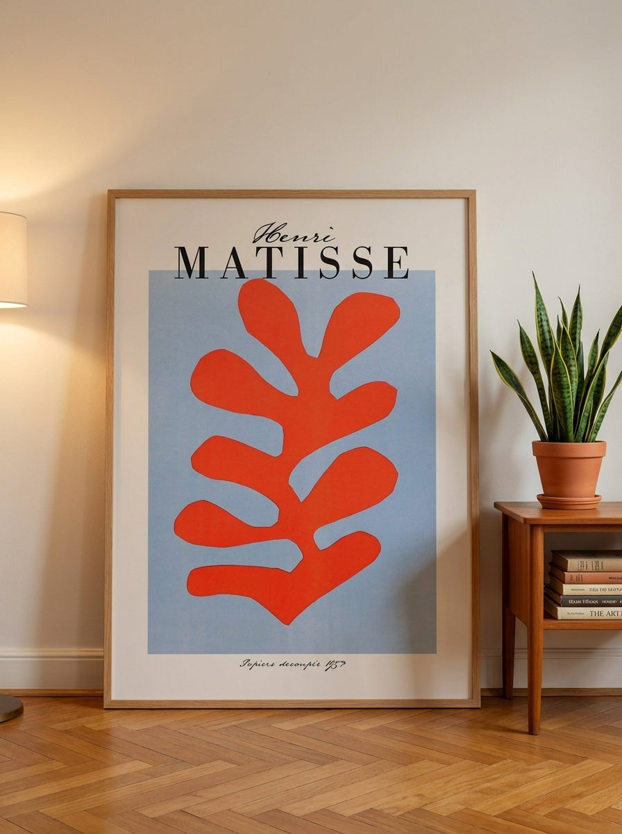 Oversized statement modern wall art print leaning against the wall in a mid-century dining room