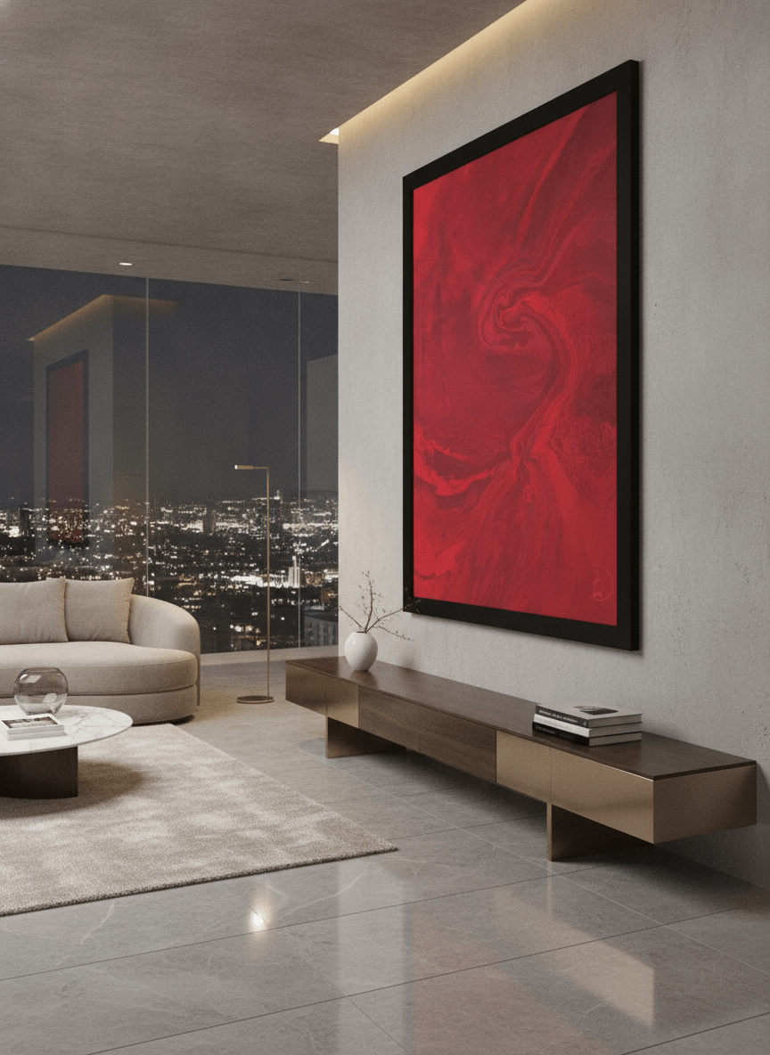 Monumental artwork centred on a feature wall in a luxe interior