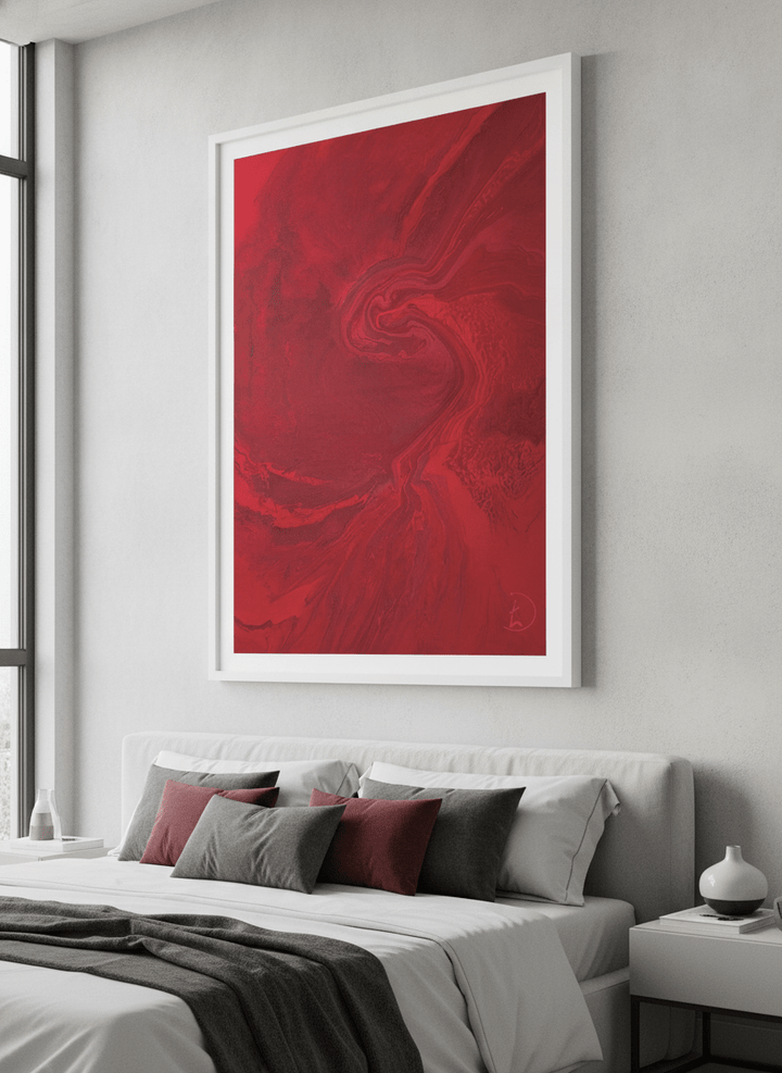 Minimalist artwork displayed in a calm, light-filled bedroom interior