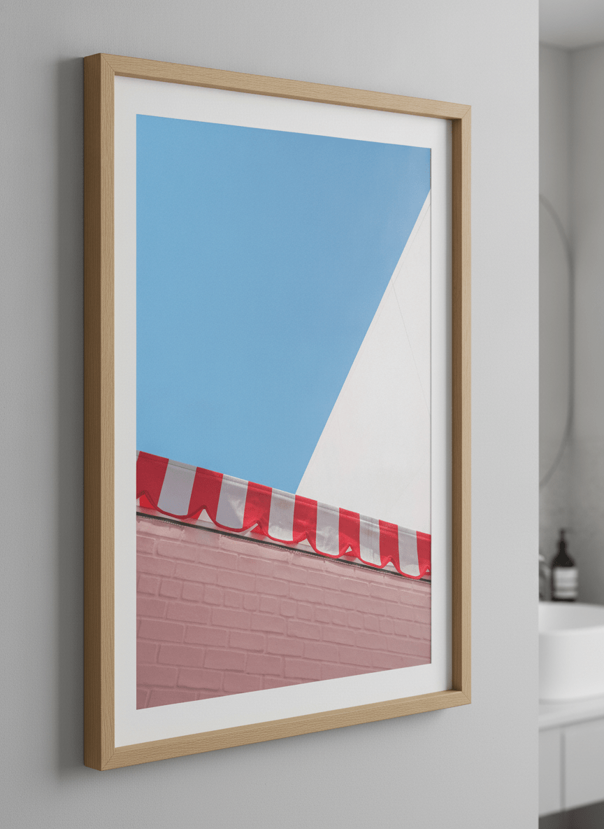 Modern print displayed in a clean minimalist bathroom setting