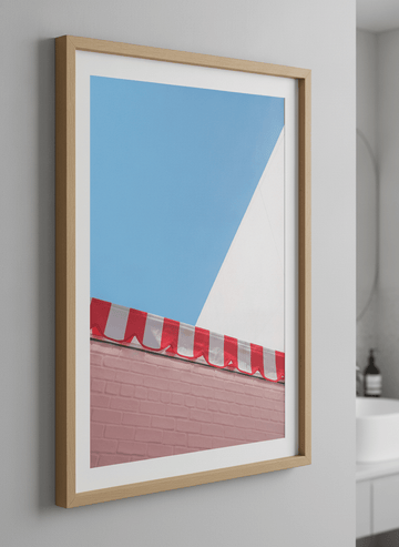 Modern print displayed in a clean minimalist bathroom setting