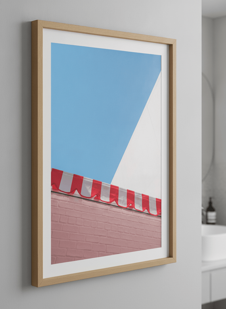 Modern print displayed in a clean minimalist bathroom setting