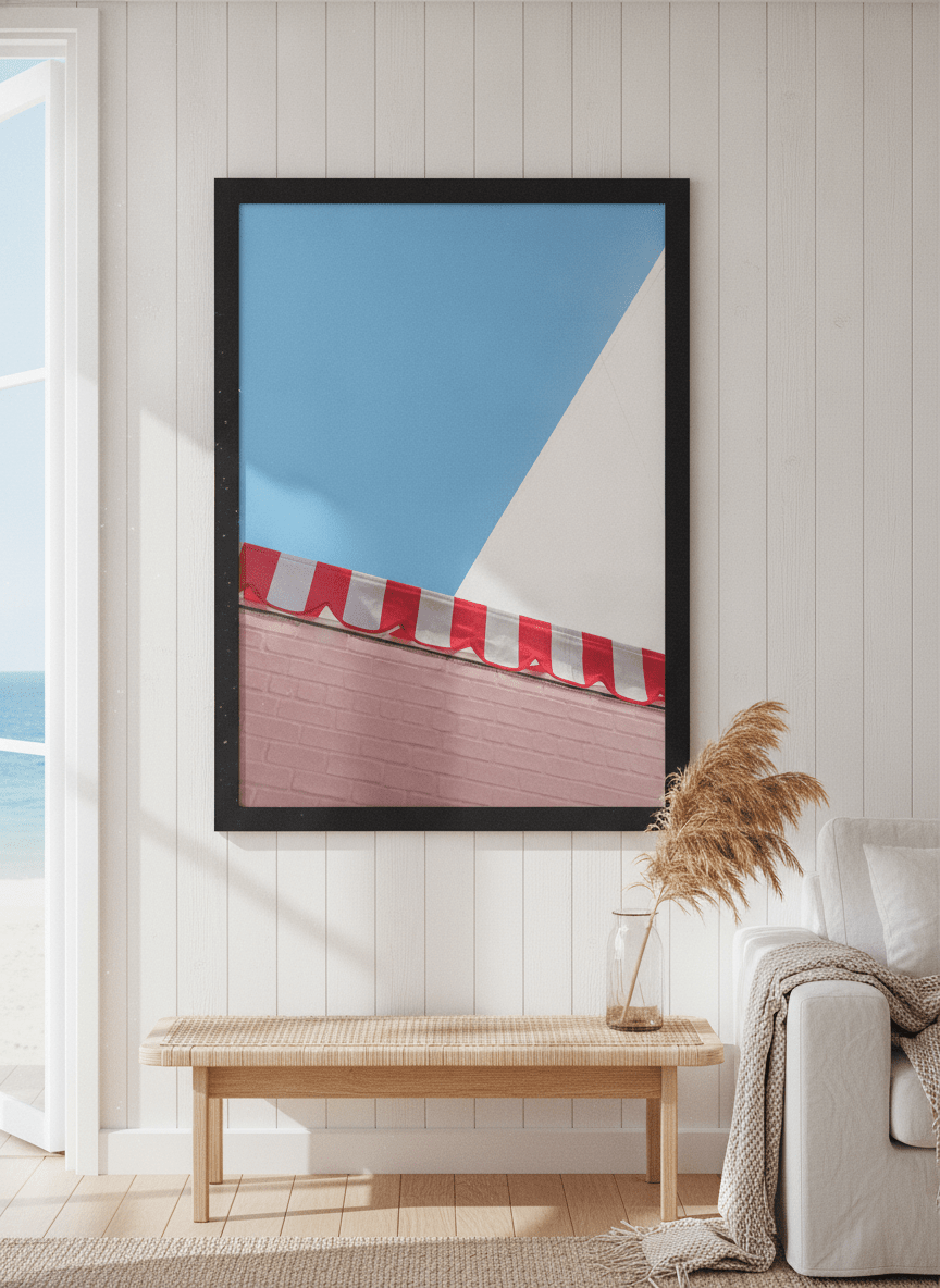 Neutral wall art displayed in a sunny coastal beach house